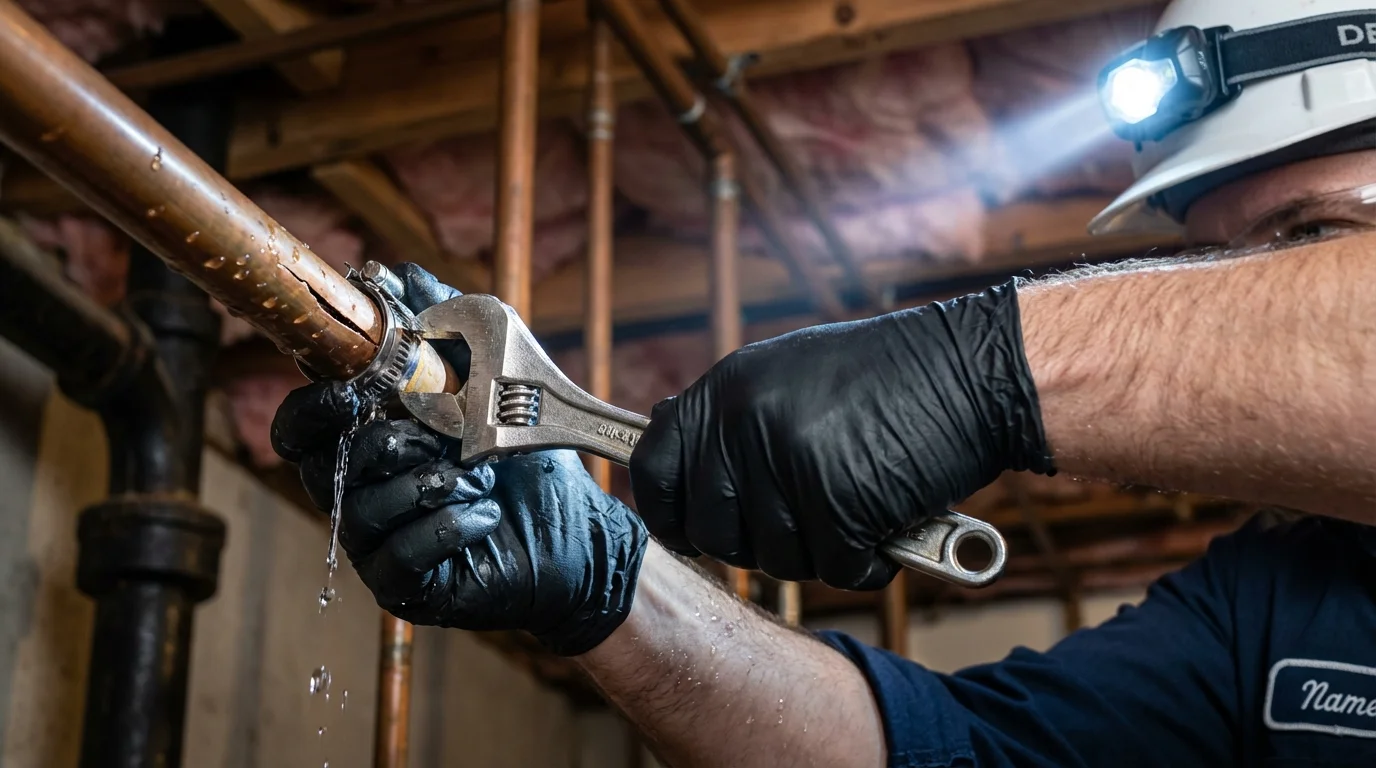 Emergency pipe clamp repair being performed by a Johns Plumbing LLC plumber in Pima
