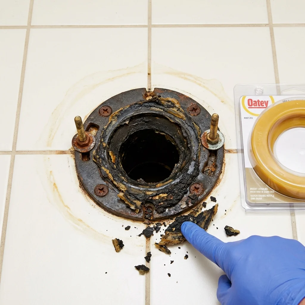 Failed wax ring showing water seepage at the base of a toilet in a Pima, AZ home