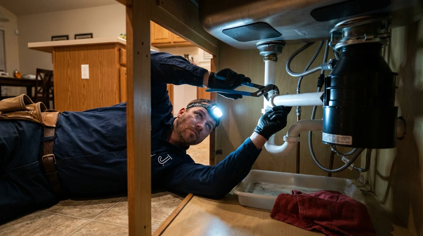 P-trap and supply line connections under a kitchen sink showing a common leak point in Pima, AZ